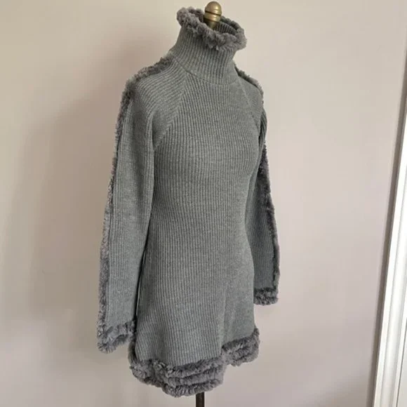 Frett Gray Wool Blend Fur Trimmed Turtleneck Tunic Sweater Mini Dress - S 🇨🇦 - Picture 2 of 13